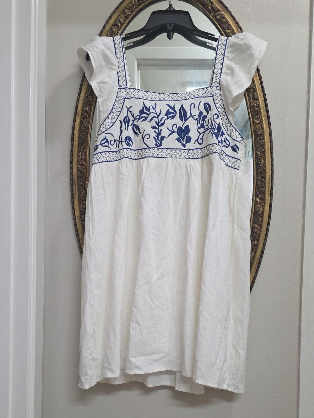 Shein White Cotton Sundress Blue Embroidery Square Neck Flutter Sleeve Size 6